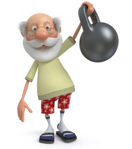 the cheerful grandfather plays improving sports